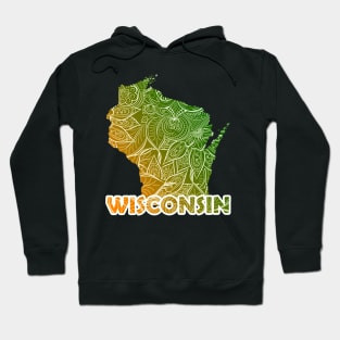 Colorful mandala art map of Wisconsin with text in green and orange Hoodie